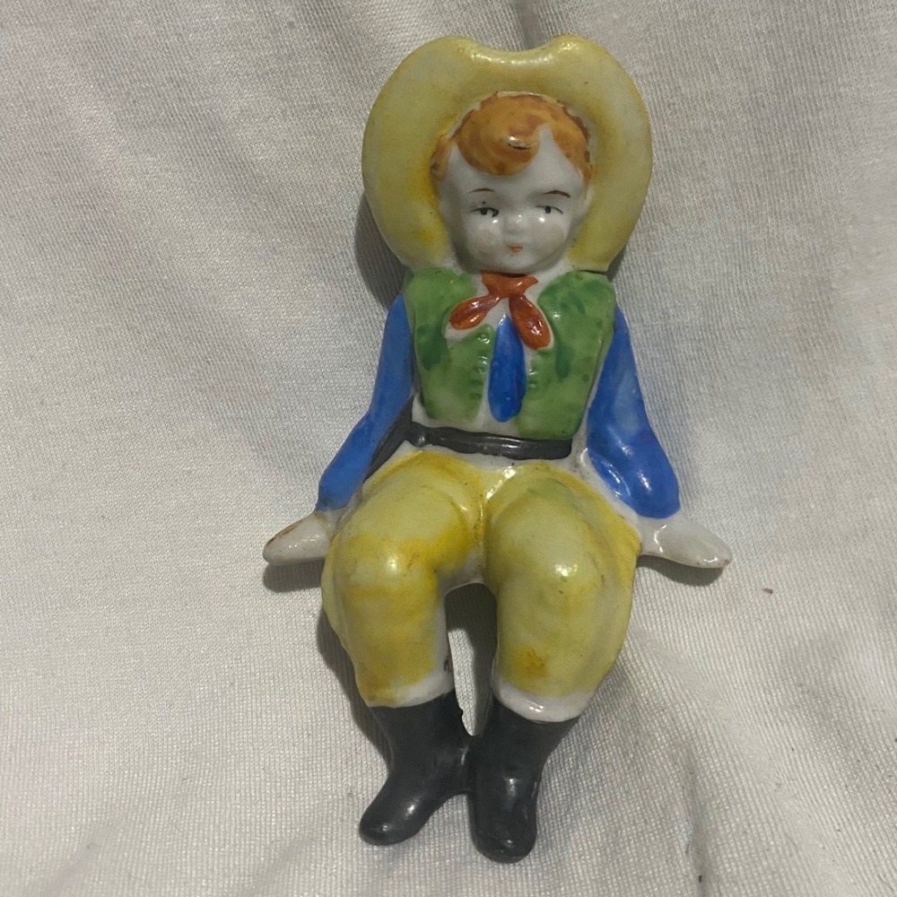 Vintage Porcelain Cowboy Shelf Sitter Figurine Hand Painted Western Boy Decor